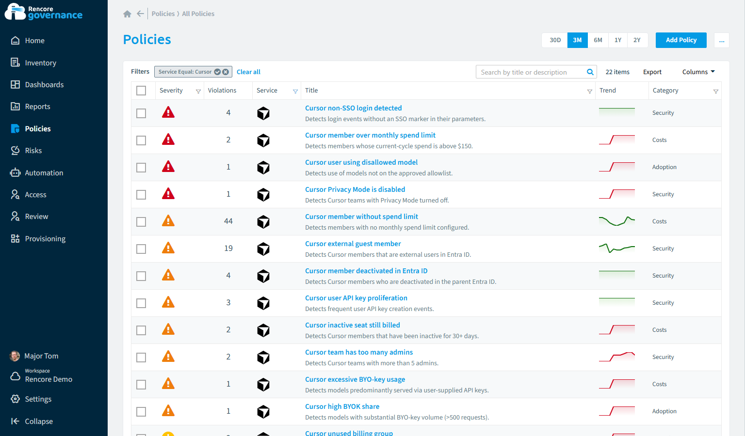 Cursor governance policies in Rencore