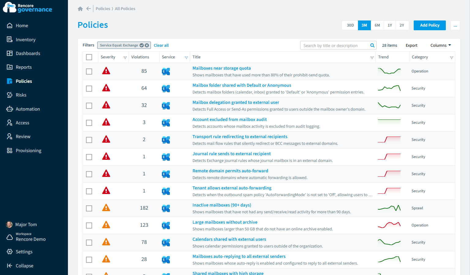 Exchange Online governance policies in Rencore