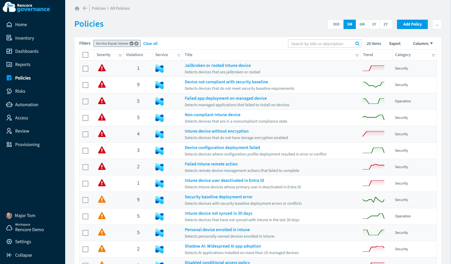 Intune governance policies in Rencore