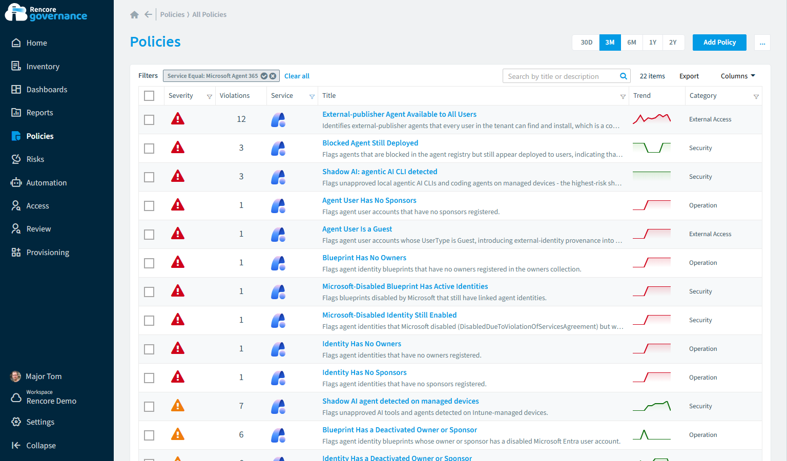 Microsoft Agent 365 governance policies in Rencore