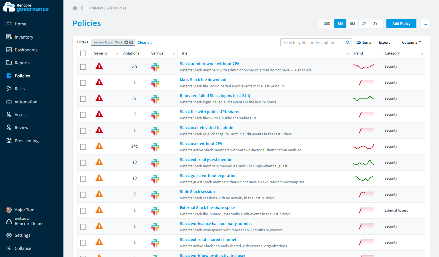 Slack governance policies in Rencore